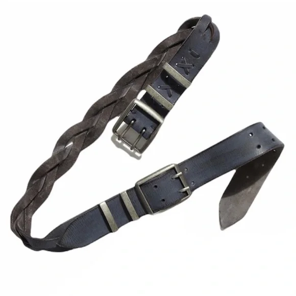 Free People Duran Leather Belt Black Square Double Buckle Buckle Rustic Western - Picture 2 of 8